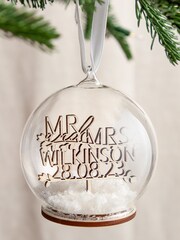 Persoanalised Couple's Cut Out Wooden Names and Date Christmas Bauble by No Ordinary Gift - Image 1 of 3