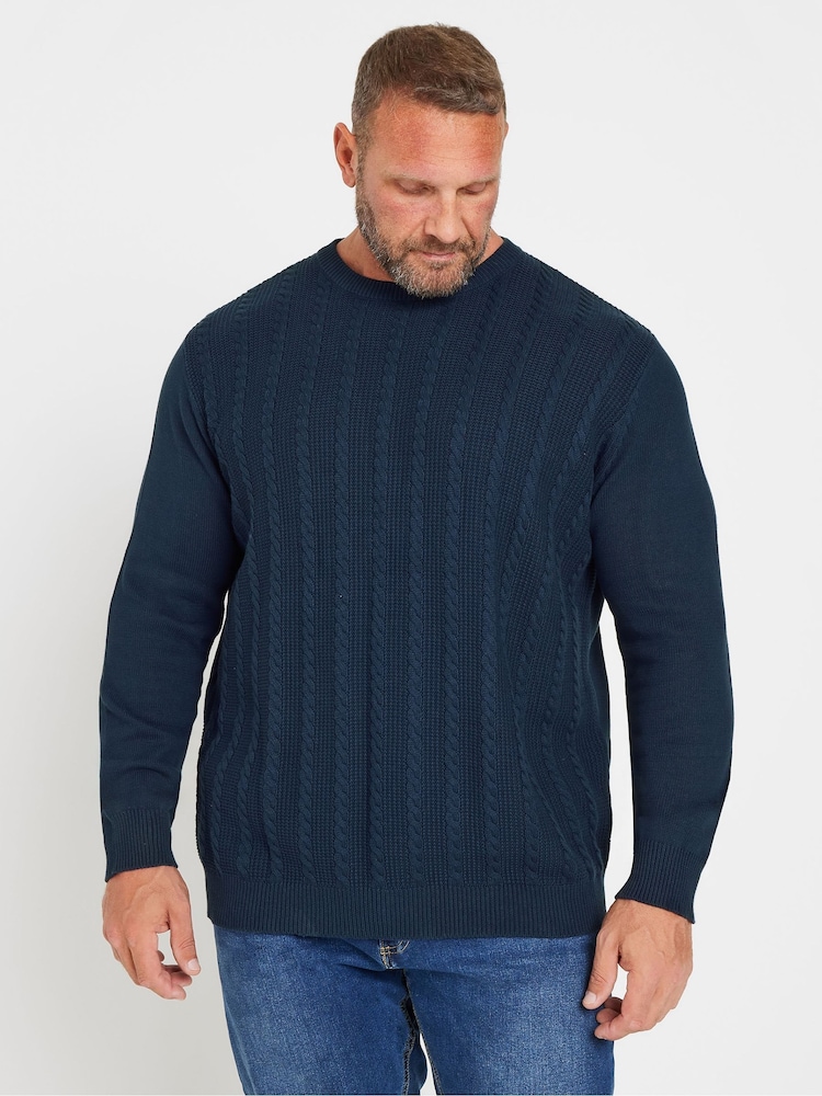 BadRhino Big & Tall Blue 100% Cotton Cable Crew Neck Jumper - Image 2 of 4
