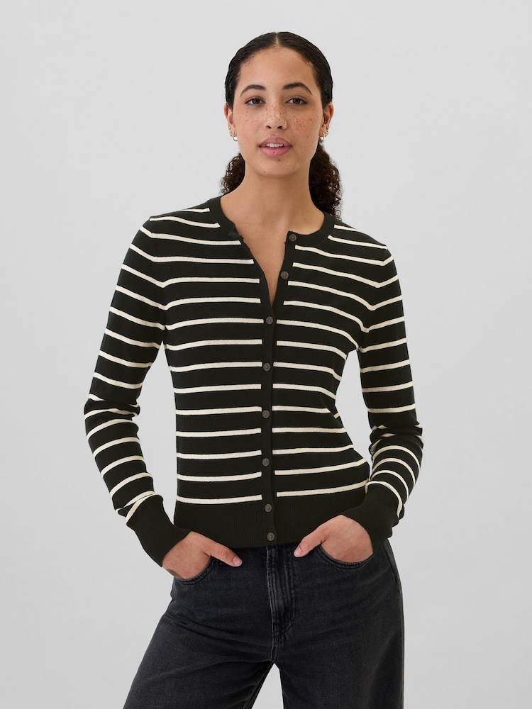 Gap Black/White Stripe Long Sleeve Crew Neck Cardigan - Image 1 of 5