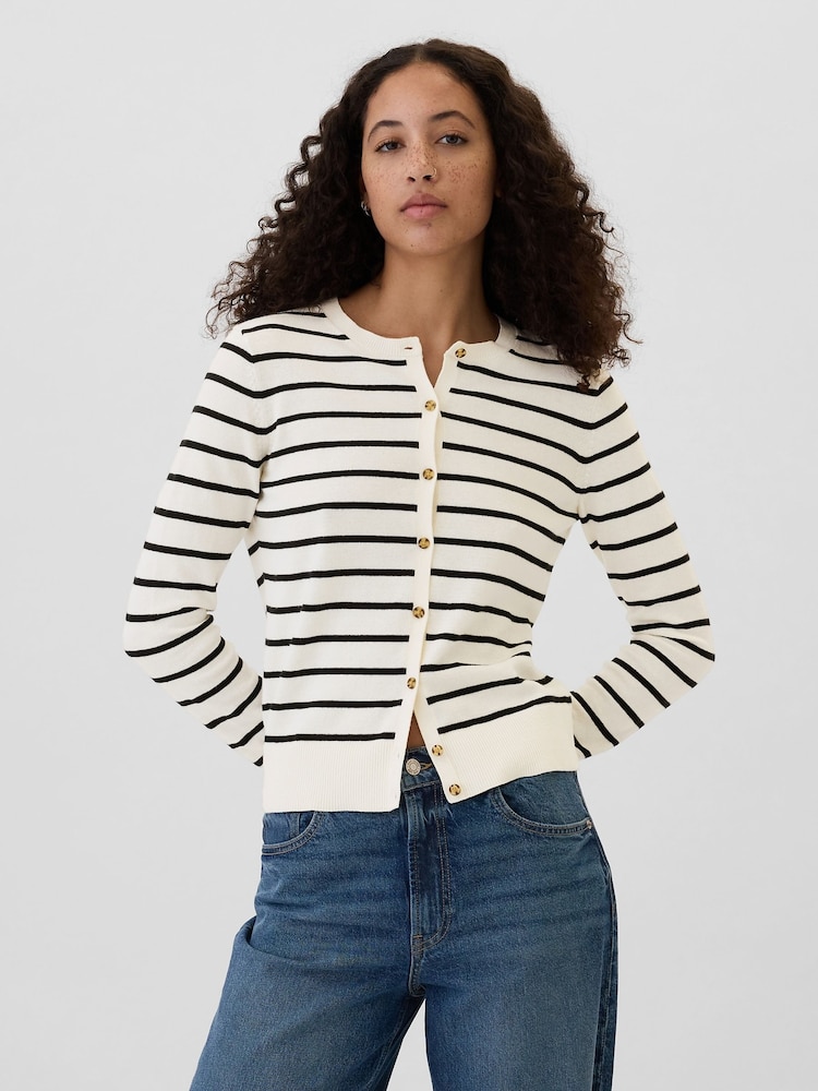 Gap White Stripe Long Sleeve Crew Neck Cardigan - Image 1 of 5