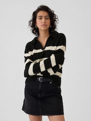 Gap Black Stripe Soft Cotton Shrunken V-Neck Polo Jumper - Image 1 of 5