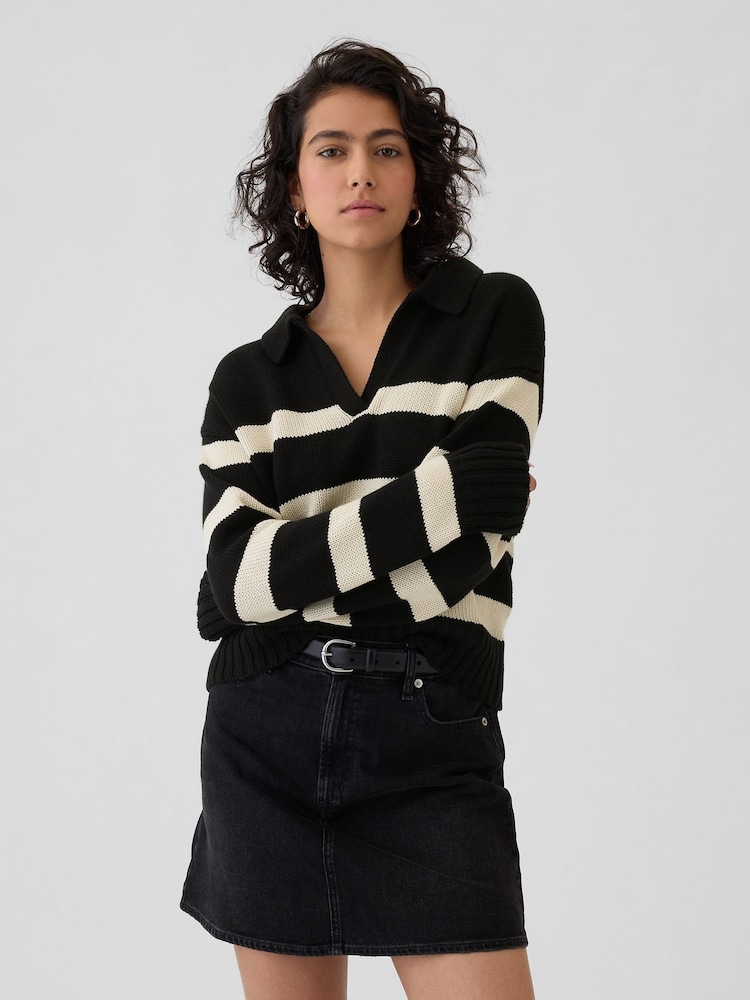 Gap Black Stripe Soft Cotton Shrunken V-Neck Polo Jumper - Image 1 of 5