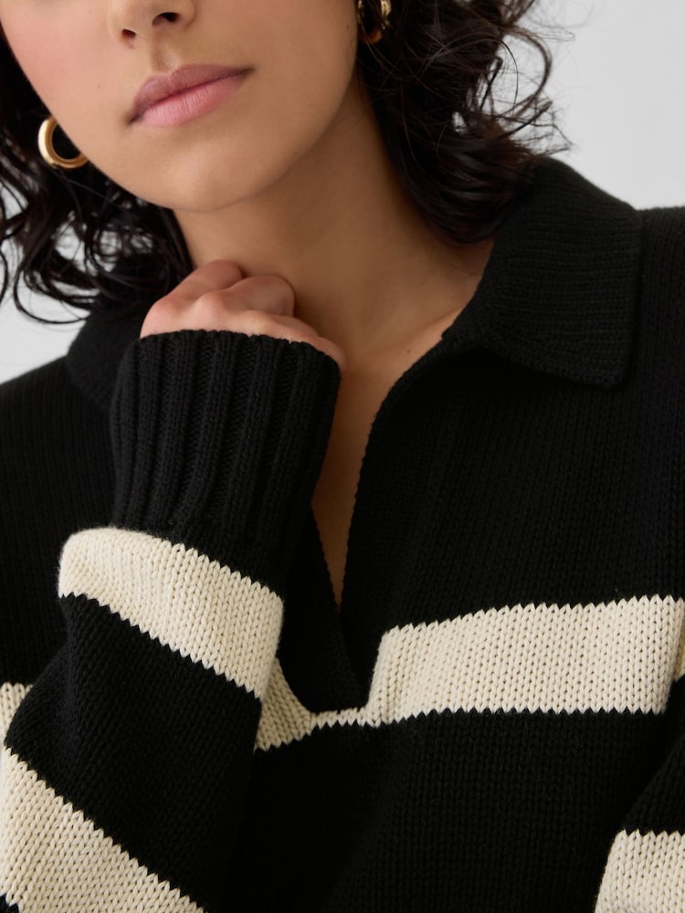 Gap Black Stripe Soft Cotton Shrunken V-Neck Polo Jumper - Image 2 of 5