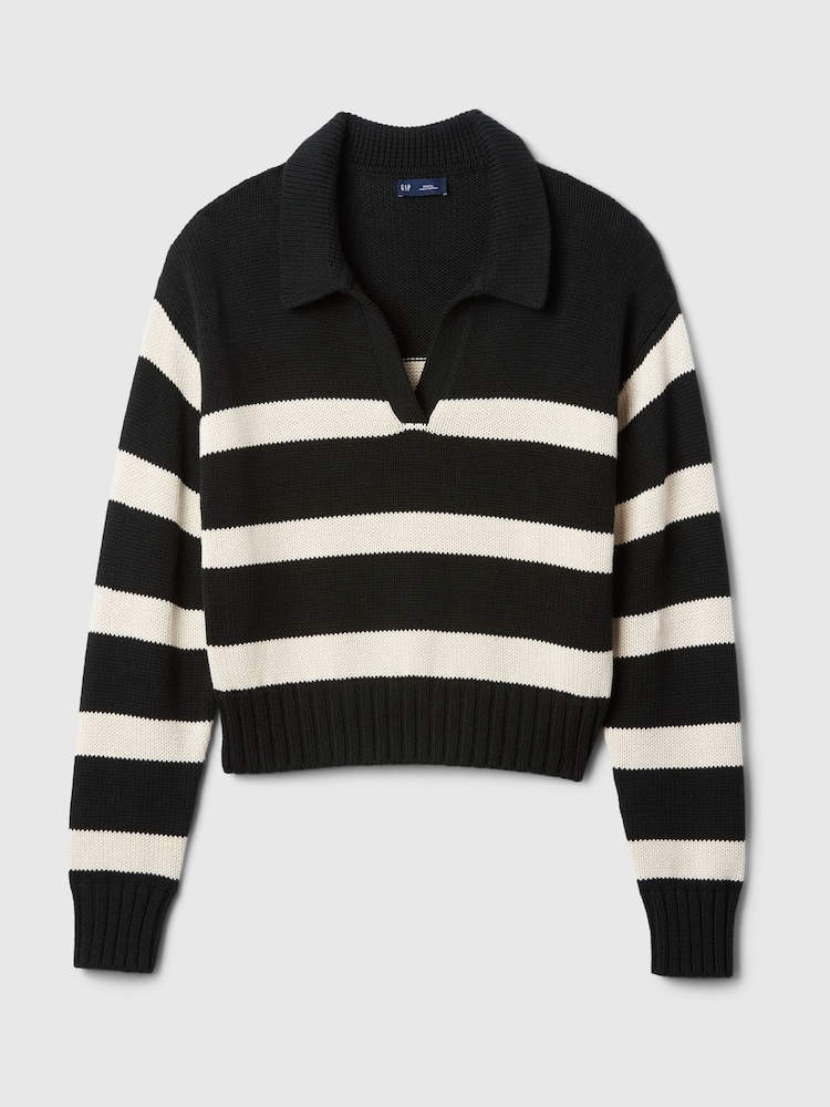 Gap Black Stripe Soft Cotton Shrunken V-Neck Polo Jumper - Image 5 of 5