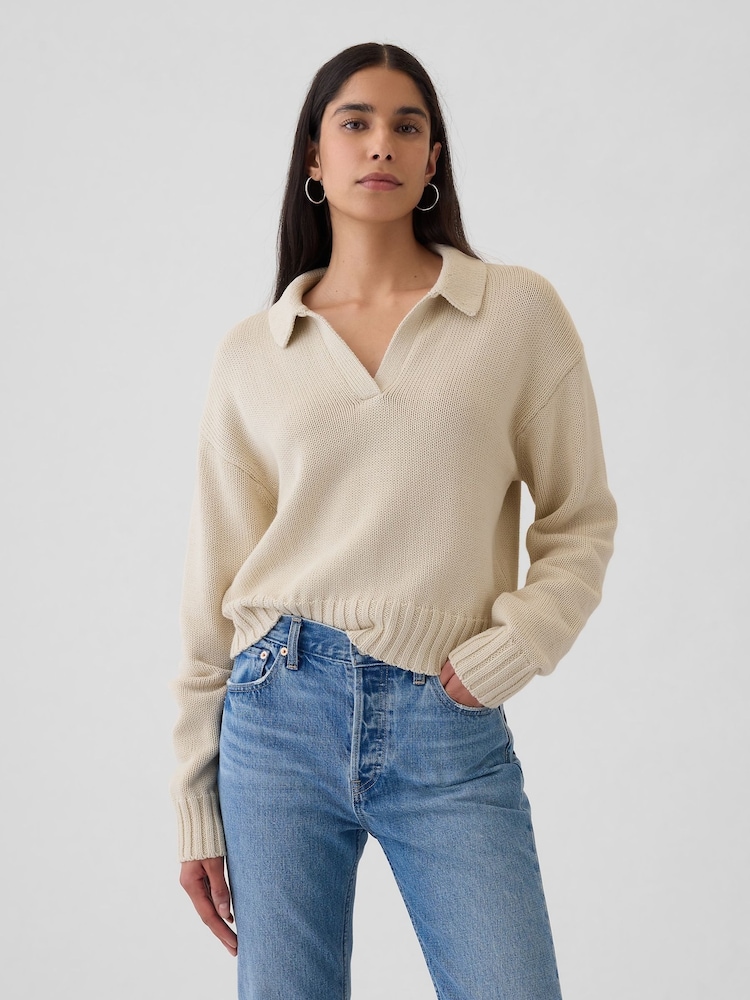 Gap Beige Soft Cotton Shrunken V-Neck Polo Jumper - Image 1 of 5