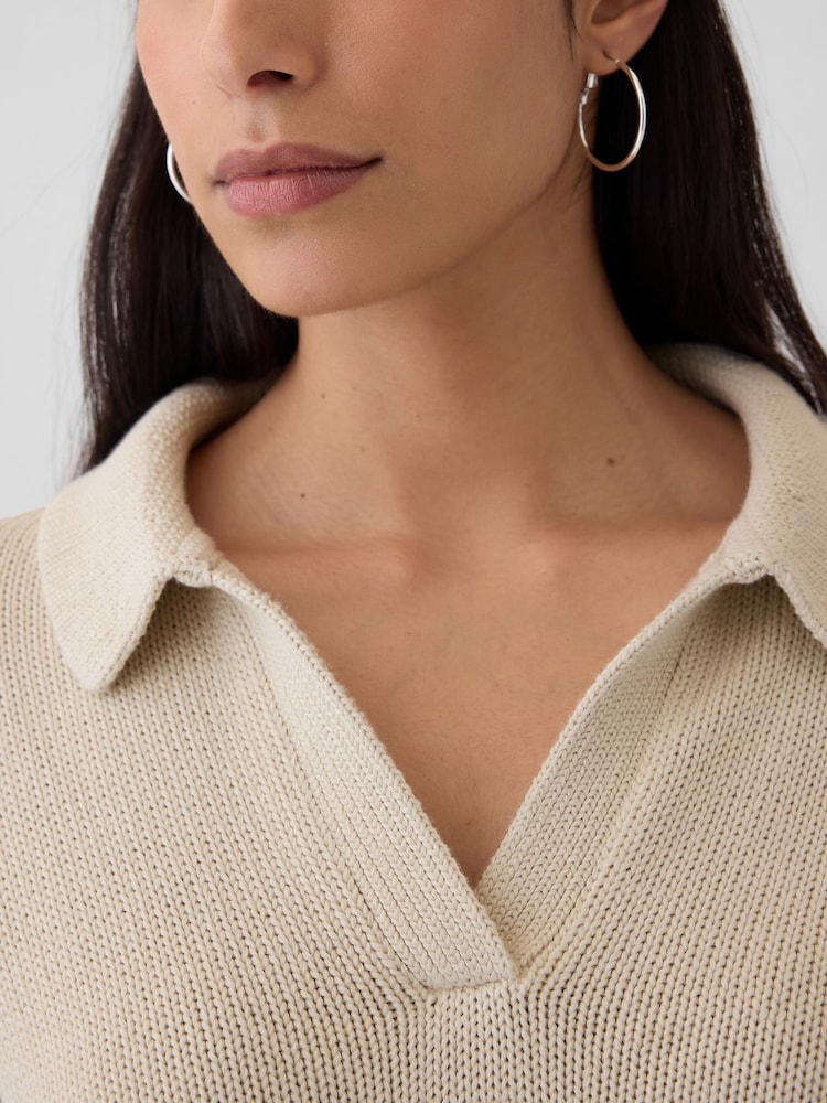 Gap Beige Soft Cotton Shrunken V-Neck Polo Jumper - Image 2 of 5
