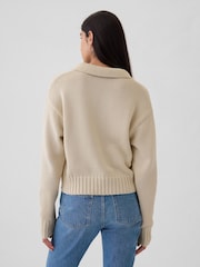 Gap Beige Soft Cotton Shrunken V-Neck Polo Jumper - Image 3 of 5