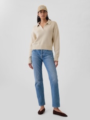 Gap Beige Soft Cotton Shrunken V-Neck Polo Jumper - Image 4 of 5