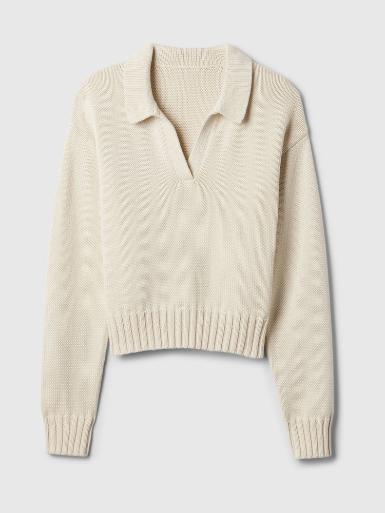 Gap Beige Soft Cotton Shrunken V-Neck Polo Jumper - Image 5 of 5