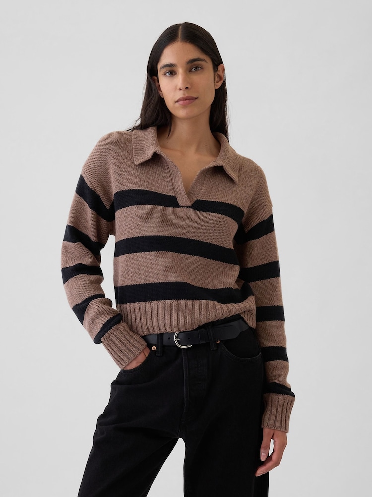 Gap Brown Stripe Soft Cotton Shrunken V-Neck Polo Jumper - Image 1 of 5 Gap Brown Stripe Soft Cotton Shrunken V-Neck Polo Jumper - Image 1 of 5