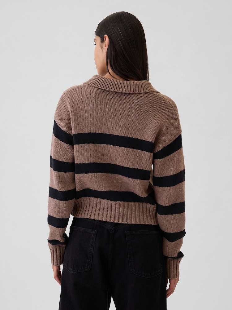 Gap Brown Stripe Soft Cotton Shrunken V-Neck Polo Jumper - Image 2 of 5 Gap Brown Stripe Soft Cotton Shrunken V-Neck Polo Jumper - Image 2 of 5