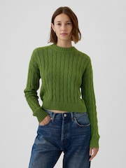 Gap Green 100% Cotton Cable Knit Crew Neck Cropped Jumper - Image 1 of 5