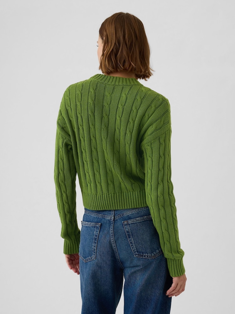 Gap Green 100% Cotton Cable Knit Crew Neck Cropped Jumper - Image 2 of 5 Gap Green 100% Cotton Cable Knit Crew Neck Cropped Jumper - Image 2 of 5