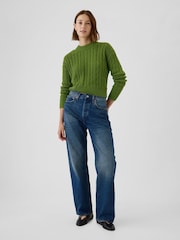 Gap Green 100% Cotton Cable Knit Crew Neck Cropped Jumper - Image 3 of 5