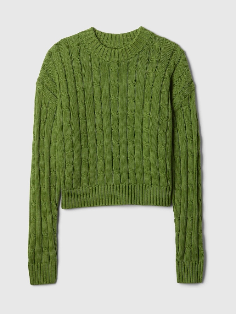 Gap Green 100% Cotton Cable Knit Crew Neck Cropped Jumper - Image 5 of 5