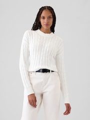 Gap White 100% Cotton Cable Knit Crew Neck Cropped Jumper - Image 1 of 5