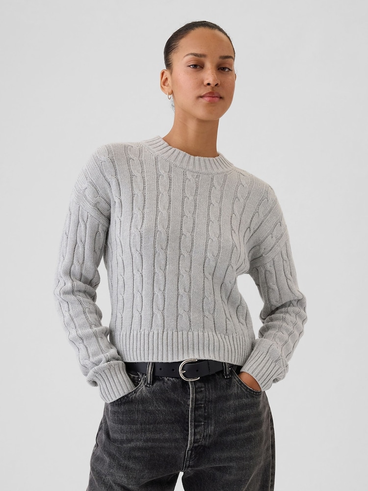 Gap Grey 100% Cotton Cable Knit Crew Neck Cropped Jumper - Image 1 of 7