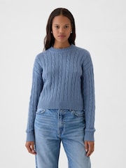 Gap Blue 100% Cotton Cable Knit Crew Neck Cropped Jumper - Image 1 of 5