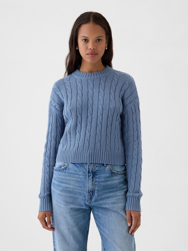 Gap Blue 100% Cotton Cable Knit Crew Neck Cropped Jumper - Image 1 of 5