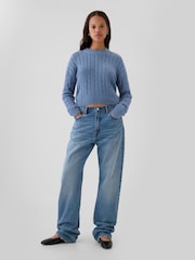 Gap Blue 100% Cotton Cable Knit Crew Neck Cropped Jumper - Image 4 of 5