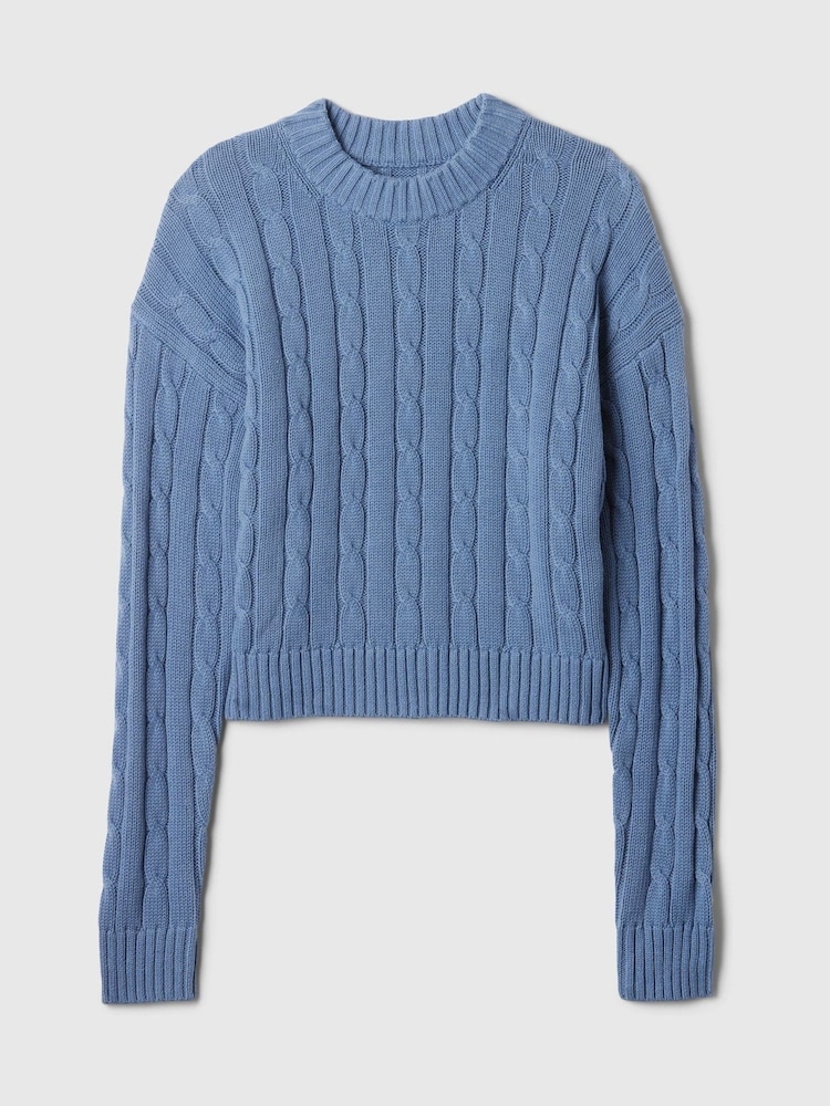 Gap Blue 100% Cotton Cable Knit Crew Neck Cropped Jumper - Image 5 of 5