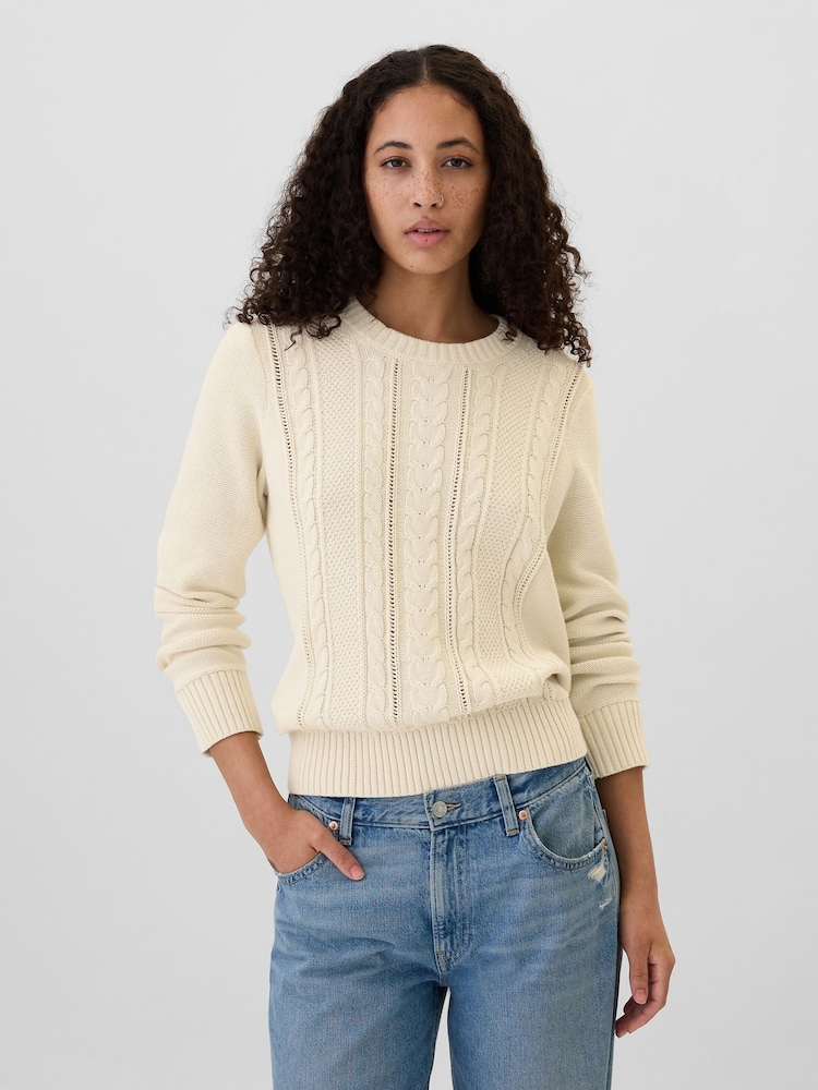 Gap Cream 100% Cotton Cable Knit Crew Neck Jumper - Image 1 of 5