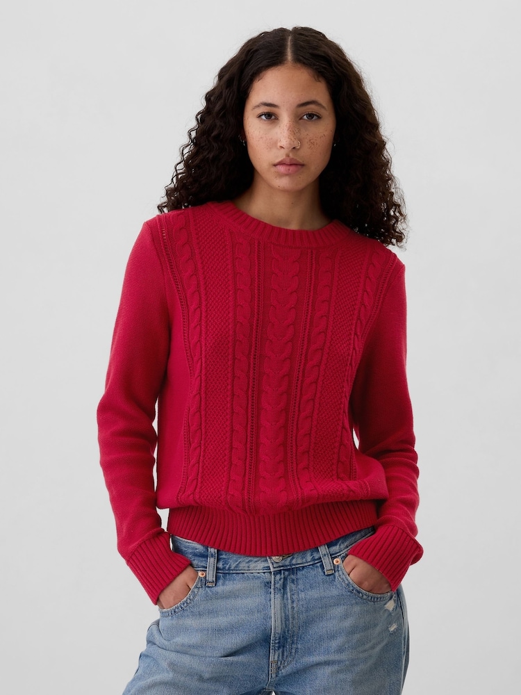Gap Burgundy Red 100% Cotton Cable Knit Crew Neck Jumper - Image 1 of 4