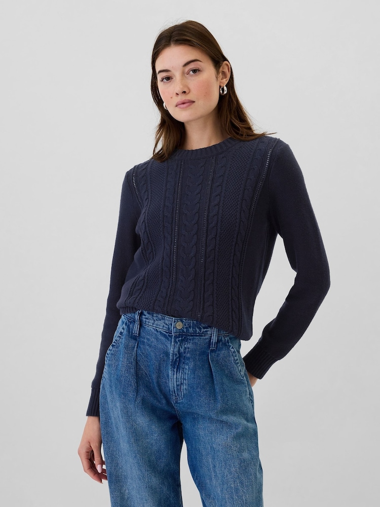 Gap Navy Blue 100% Cotton Cable Knit Crew Neck Jumper - Image 1 of 5