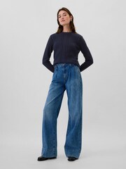 Gap Navy Blue 100% Cotton Cable Knit Crew Neck Jumper - Image 3 of 5