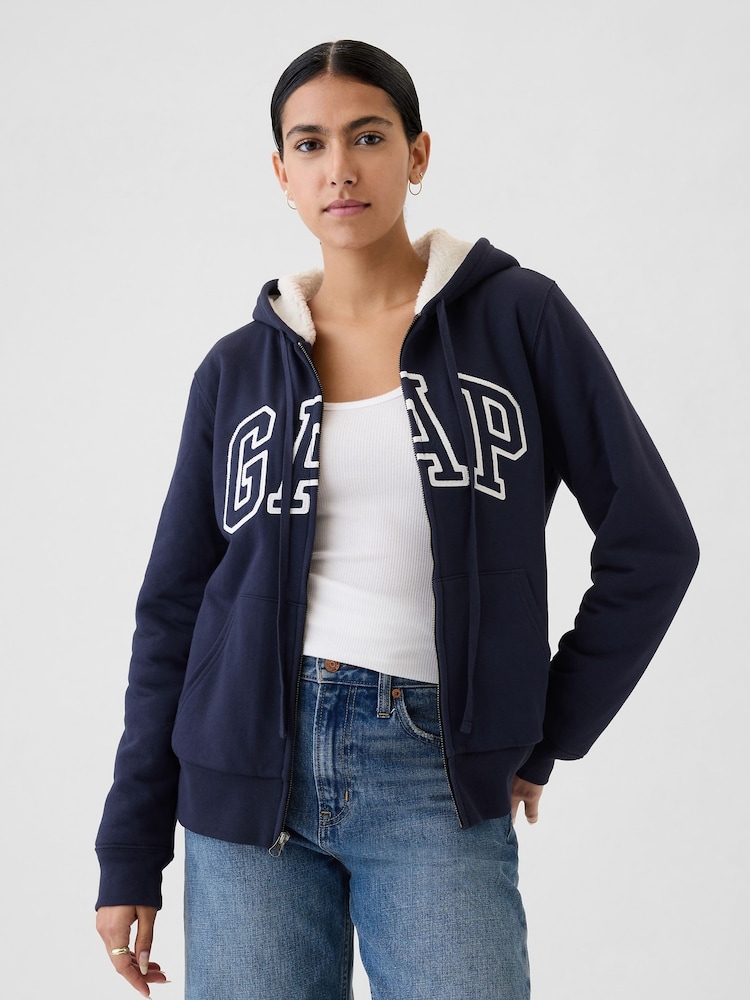 Gap Navy/Blue Relaxed Logo Sherpa-Lined Zip Hoodie - Image 1 of 5 Gap Navy/Blue Relaxed Logo Sherpa-Lined Zip Hoodie - Image 1 of 5