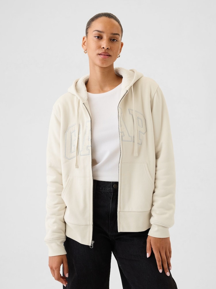 Gap Beige Relaxed Logo Sherpa-Lined Zip Hoodie - Image 1 of 5 Gap Beige Relaxed Logo Sherpa-Lined Zip Hoodie - Image 1 of 5