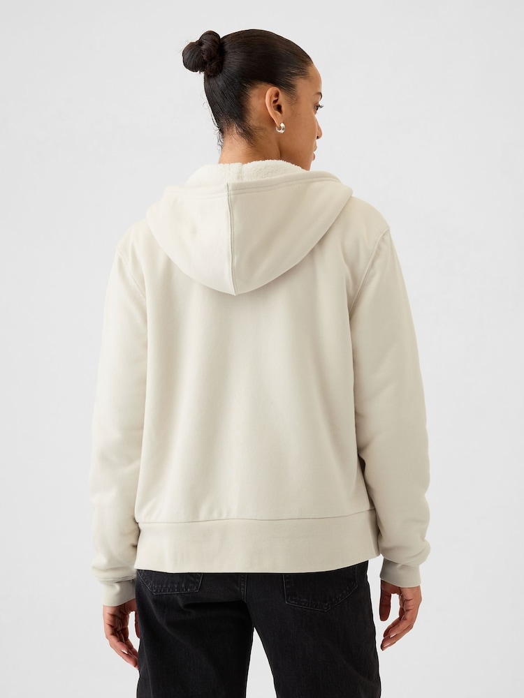 Gap Beige Relaxed Logo Sherpa-Lined Zip Hoodie - Image 2 of 5 Gap Beige Relaxed Logo Sherpa-Lined Zip Hoodie - Image 2 of 5