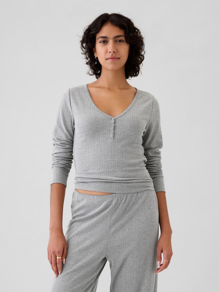 Gap Grey Pointelle Henley Pyjama Top - Image 1 of 5 Gap Grey Pointelle Henley Pyjama Top - Image 1 of 5