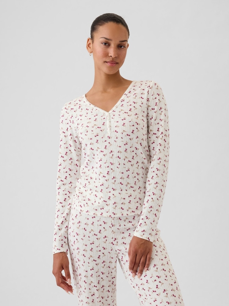 Gap White Floral Pointelle Henley Pyjama Top - Image 1 of 1