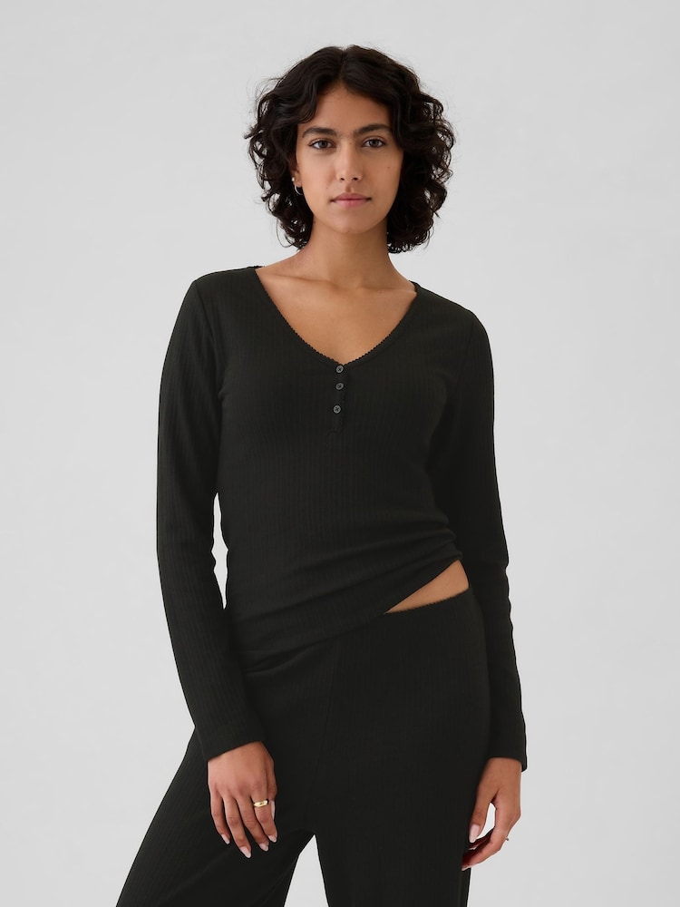 Gap Black Pointelle Henley Pyjama Top - Image 1 of 4