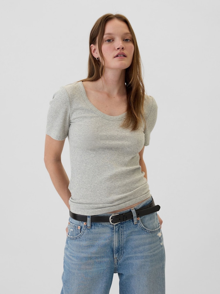 Gap Grey Ribbed Scoop Neck Short Sleeve T-Shirt - Image 1 of 5 Gap Grey Ribbed Scoop Neck Short Sleeve T-Shirt - Image 1 of 5