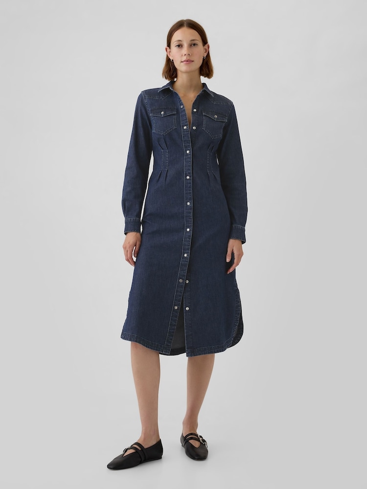 Gap Blue Western Pleated Denim Midi Dress - Image 1 of 5