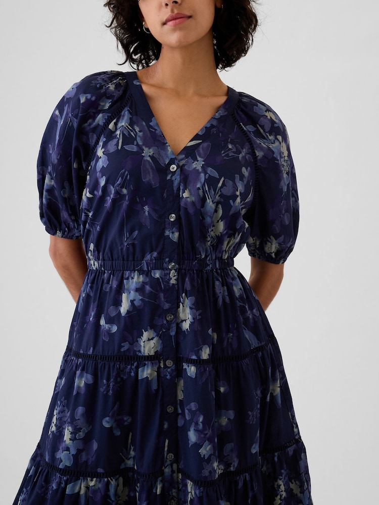 Gap Blue Floral Tiered Midi Dress - Image 4 of 4 Gap Blue Floral Tiered Midi Dress - Image 4 of 4