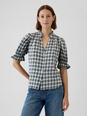 Gap Green Check Ruffled Puff Sleeve Shirt - Image 1 of 5
