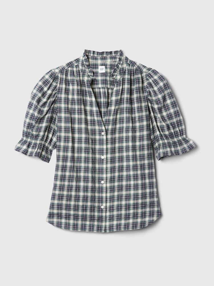 Gap Green Check Ruffled Puff Sleeve Shirt - Image 5 of 5