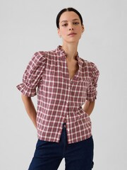 Gap Red Check Ruffled Puff Sleeve Shirt - Image 1 of 2