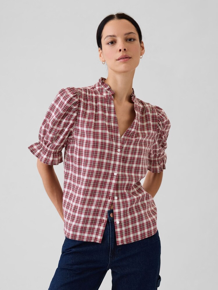 Gap Red Check Ruffled Puff Sleeve Shirt - Image 1 of 2