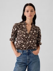 Gap Brown Floral Ruffled Puff Sleeve Shirt - Image 1 of 5