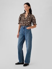 Gap Brown Floral Ruffled Puff Sleeve Shirt - Image 3 of 5