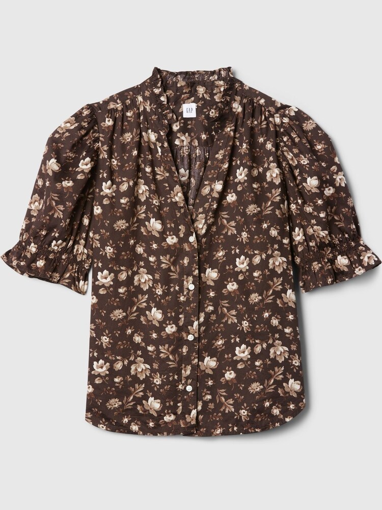 Gap Brown Floral Ruffled Puff Sleeve Shirt - Image 5 of 5 Gap Brown Floral Ruffled Puff Sleeve Shirt - Image 5 of 5