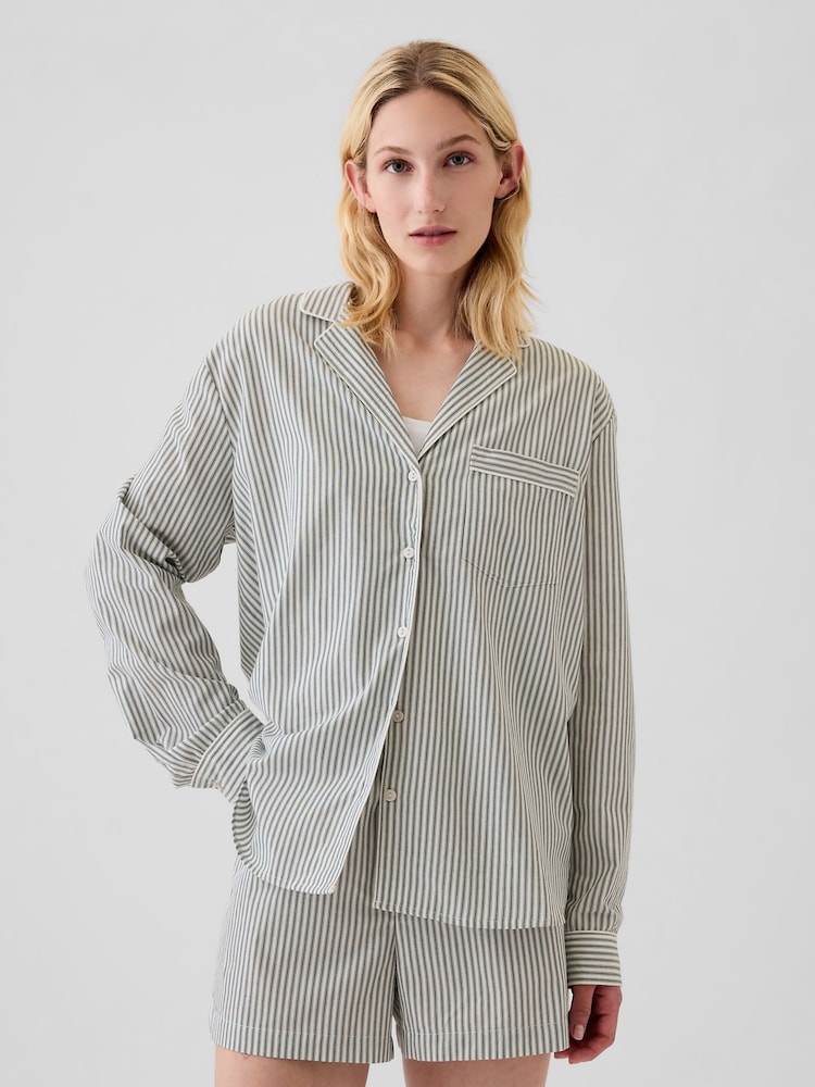 Gap Green Stripe 100% Cotton Poplin Pyjama Top - Image 1 of 5