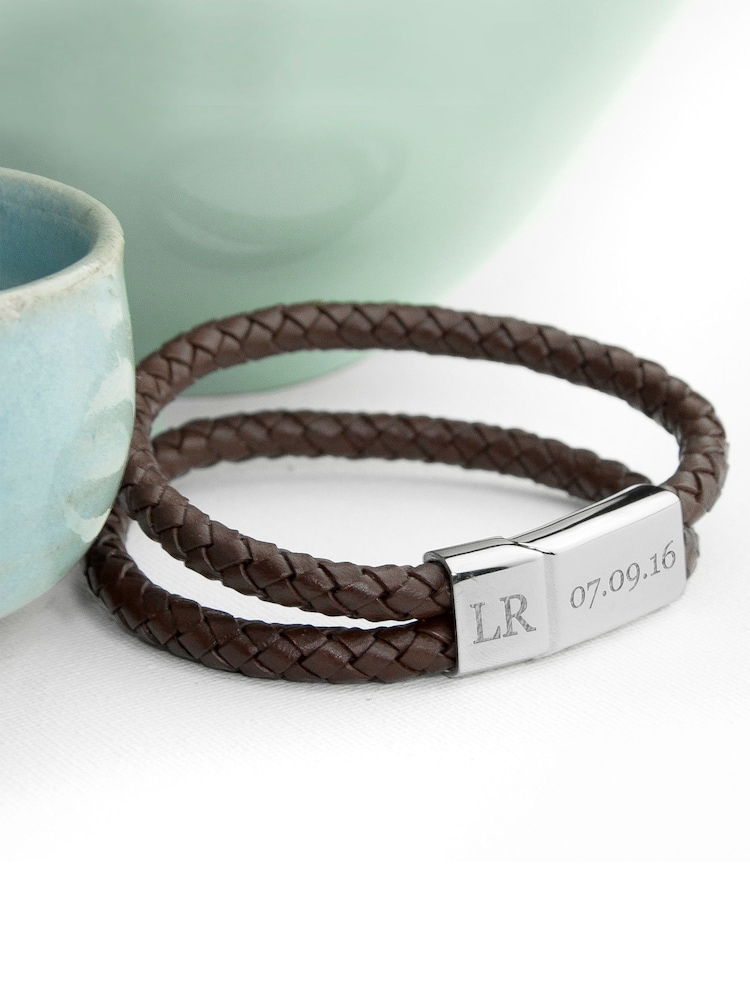Treat Republic Personalised Mens Dual Leather Brown Bracelet - Image 1 of 3