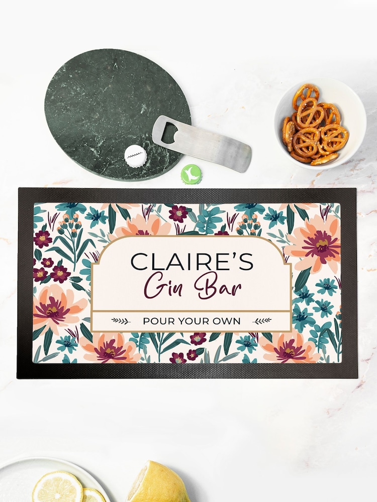 Floral Gin Black Bar Mat by Treat Republic - Image 1 of 5