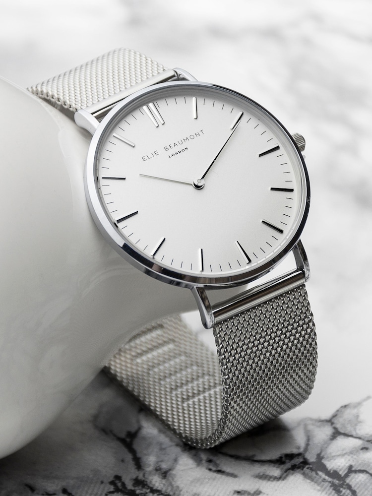 Treat Republic Womens Silver Tone Personalised Metallic Mesh Watch - Image 1 of 5