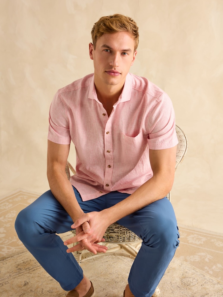 Joules Linen Blend Red Stripe Short Sleeve Shirt - Image 4 of 8
